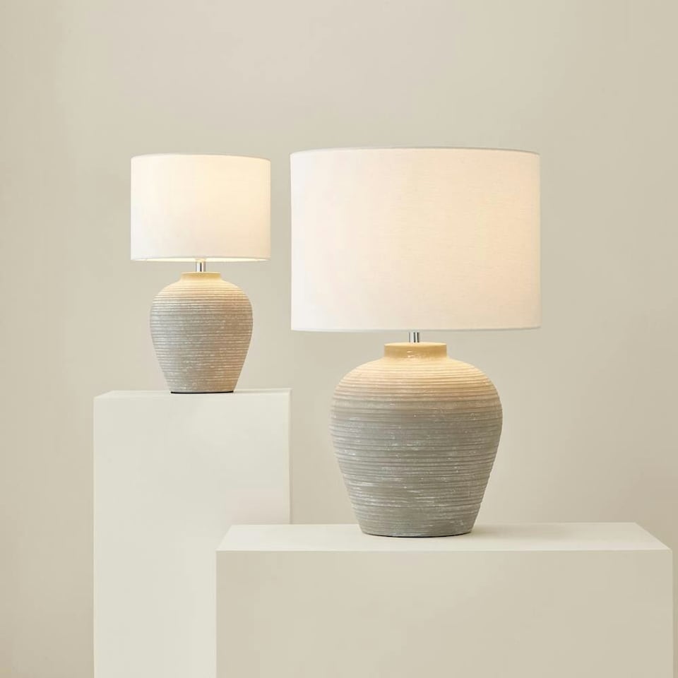 image 1 of ValueLights Reid Linen Drum Lamp Shade Stone Grey Ribbed Ceramic Small Table Lamp | Grey