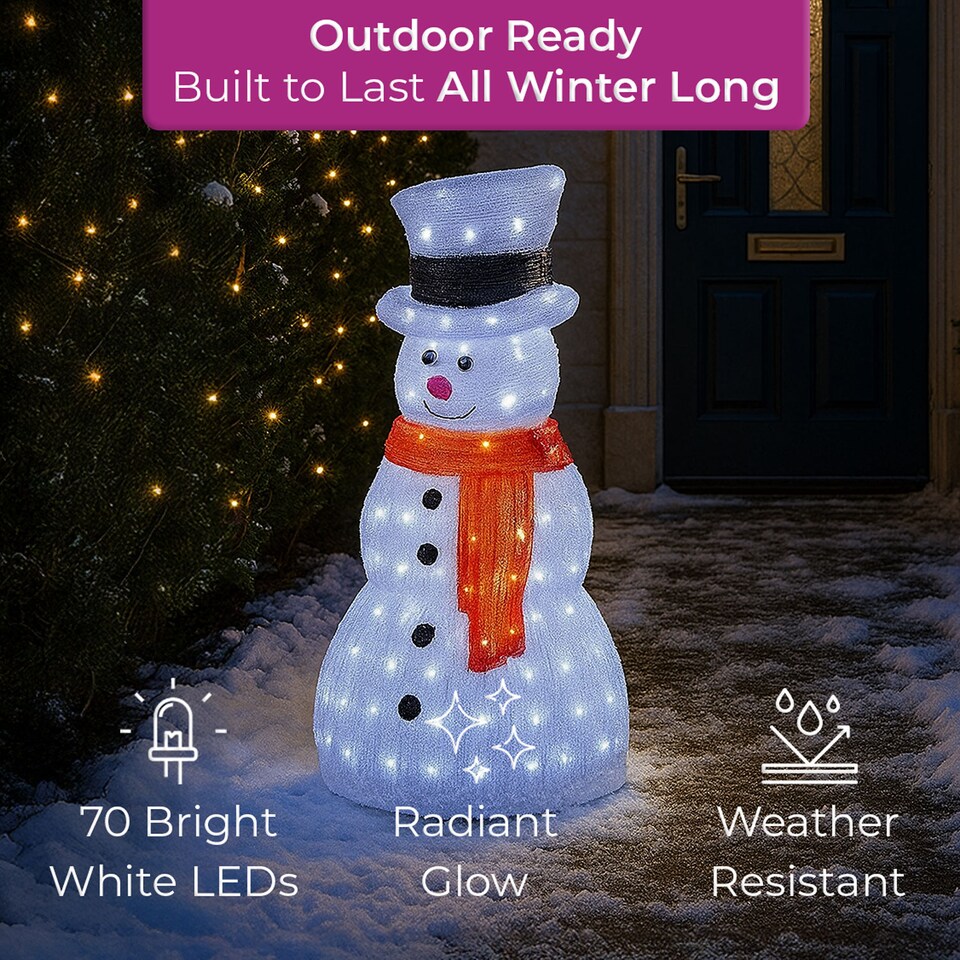 image 1 of Neo 70cm Acrylic Light Up Snowman Outdoor Festive Christmas Garden Porch Decoration Display Warm White Bright LEDs Illuminated Weatherproof