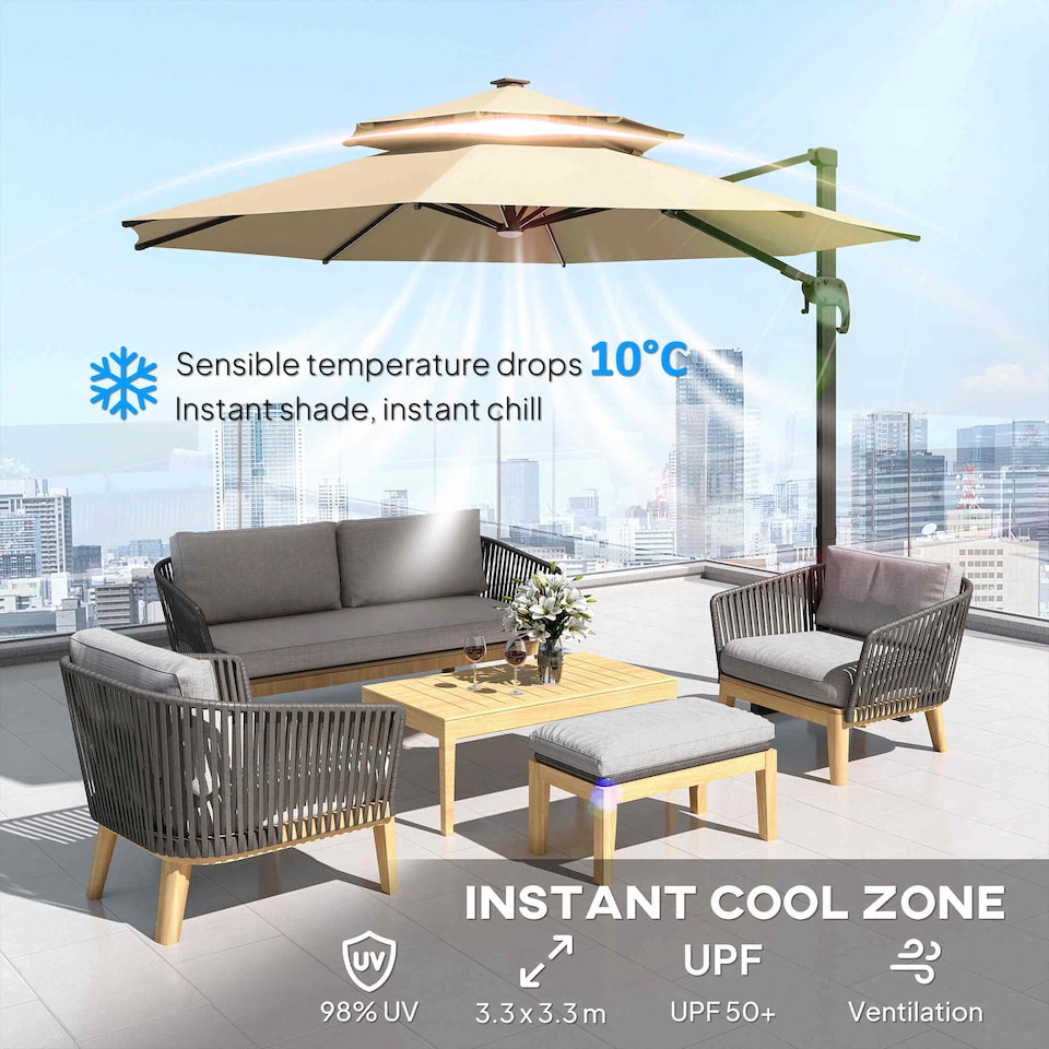 image 1 of Outsunny 3 m Cantilever Roma Parasol with LED Solar Lights, Crank and Tilt, Aluminium Frame, Cross Base and Adjustable Canopy 360 Rotating Sun Umbrella with 2Tier Shade, Beige