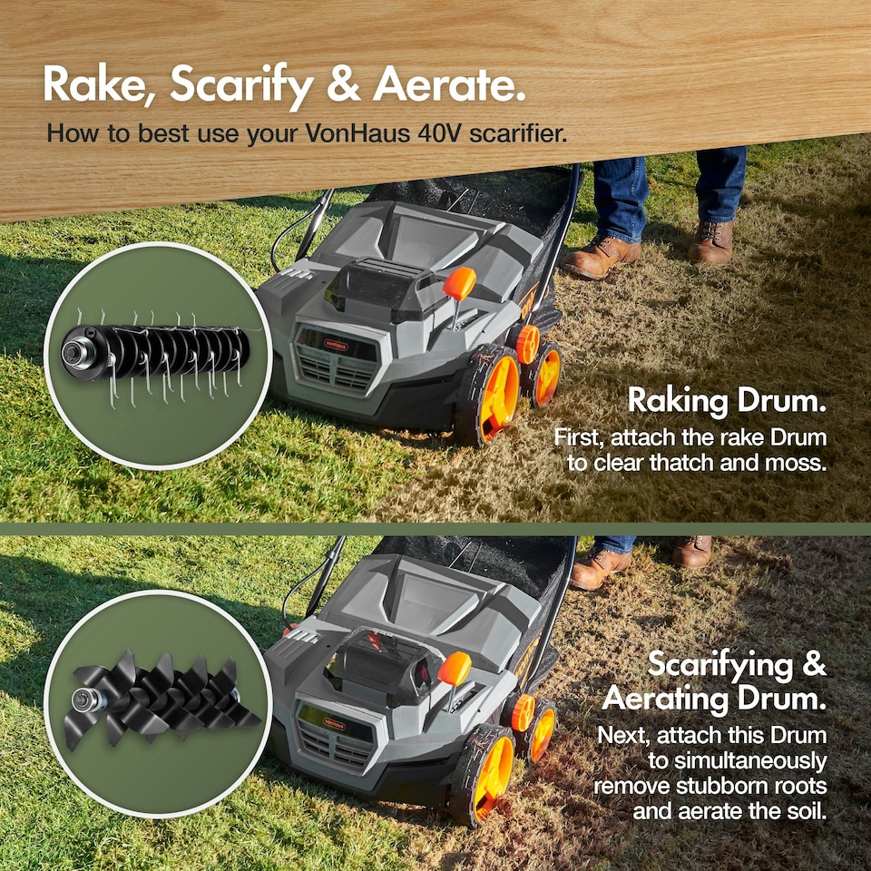 image 1 of VonHaus Lawn Scarifier Aerator Rake Cordless 40V Battery