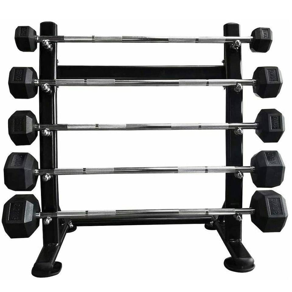 BARBELL RACK WITH 5 HEX RUBBER BARBELLS | Black