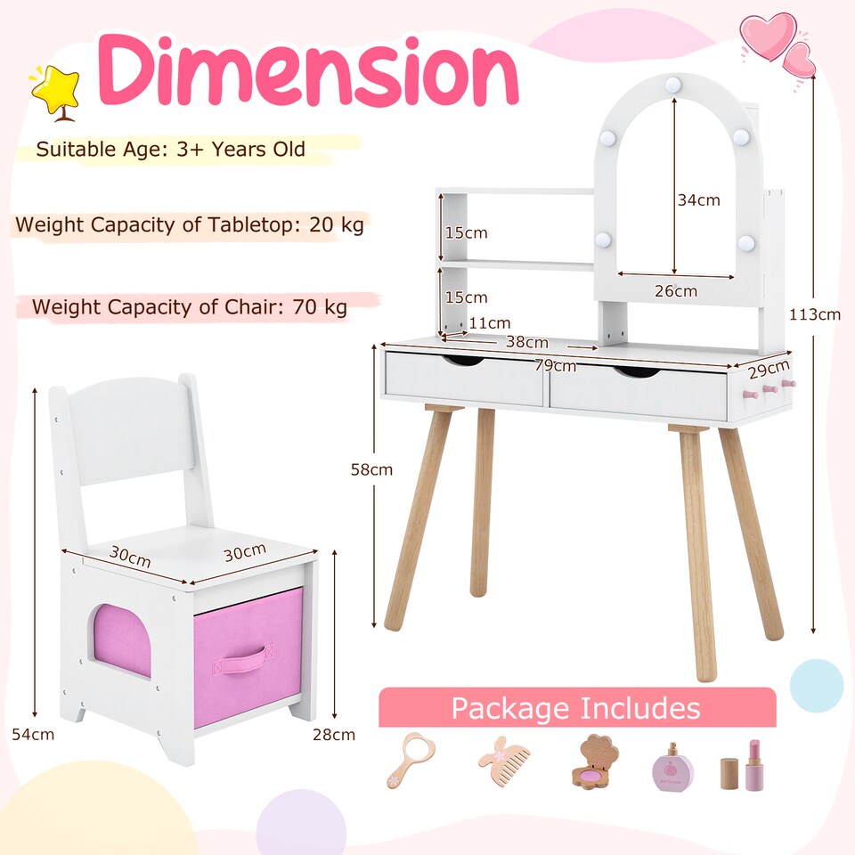 image 1 of COSTWAY Kids Vanity Set Pretend Play Dressing Table White
