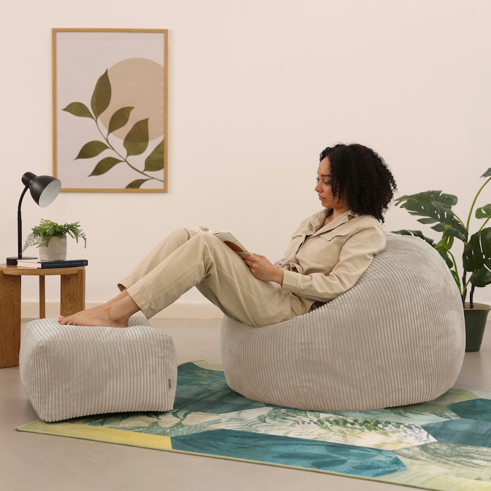 image 1 of icon Kingston Cord Adults Bean Bag Chair and Pouffe, Ready Filled Beanbag and Footstool Stone Beige Cream