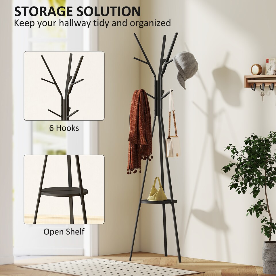image 1 of HOMCOM Freestanding Metal Coat Rack Stand 9 Hooks Clothes Tree with 1 Shelf Hat Display Hall Tree Hanger Bag Umbrella Hanging Organiser Black
