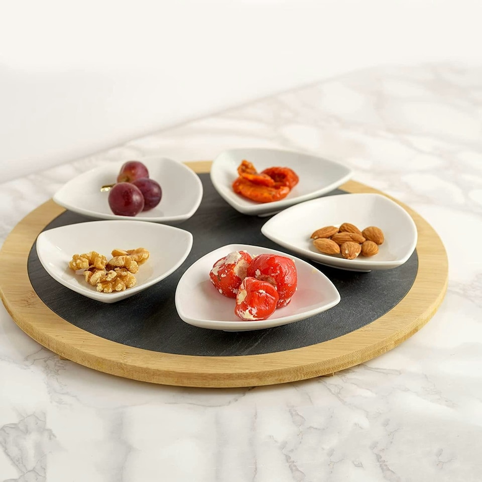 image 1 of Widdop Set of 5 Ceramic Serving Dishes with Round Slate Tray Brown