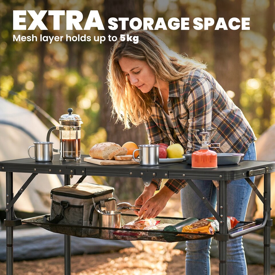 image 1 of Outsunny 3ft Folding Camping Table, Picnic Table with Storage Layer | Black | Black | 90 x 40 x 70 cm