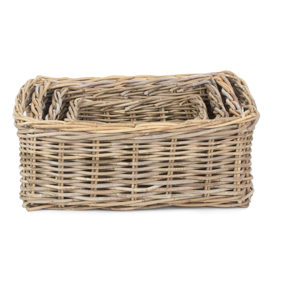 image 1 of Shallow Kubu Grey Rattan Rectangular Basket Set 4 Grey