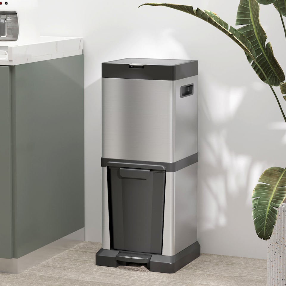 image 1 of HOMCOM Dual Kitchen Bin, Double Bin for Recycling and Waste, Stainless Steel Vertical Pedal Bin with Tilt Out Bin, Soft-Close Lid, Removable Inner Buckets and Handles, Silver | Silver | 1