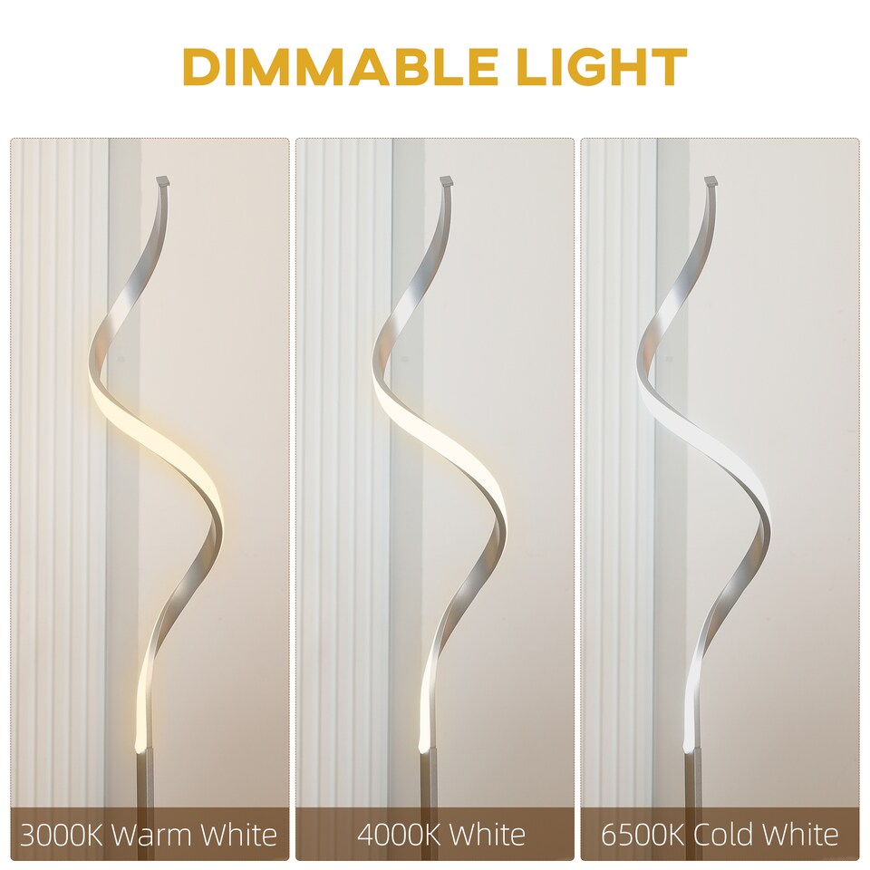 image 1 of HOMCOM Dimmable Floor Lamp for Living Room, Modern Spiral Standing Lamp with 3 Adjustable Brightness and Square Base, Silver
