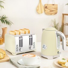 HOMCOM Retro Kettle and Toaster Set with Temperature Gauge, 1.7L 3000W Rapid Boil Jug Kettle with Otter Thermostat, Limescale Filter, 4 Slice Toaster with 7 Browning Controls, Crumb Tray, Cream | Cream