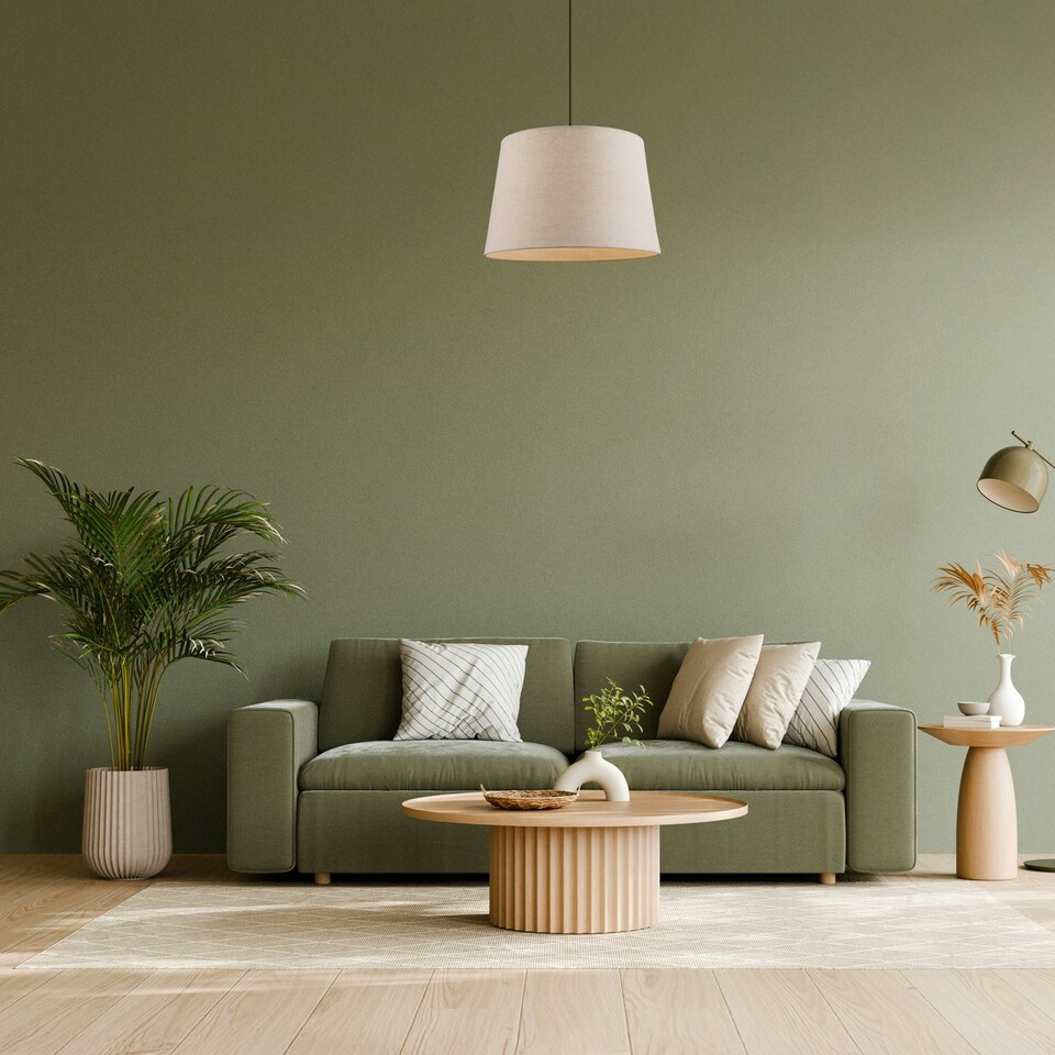 image 1 of Designer Taupe Beige Naturally Textured Linen Lamp Shade in Drum Shape Cream