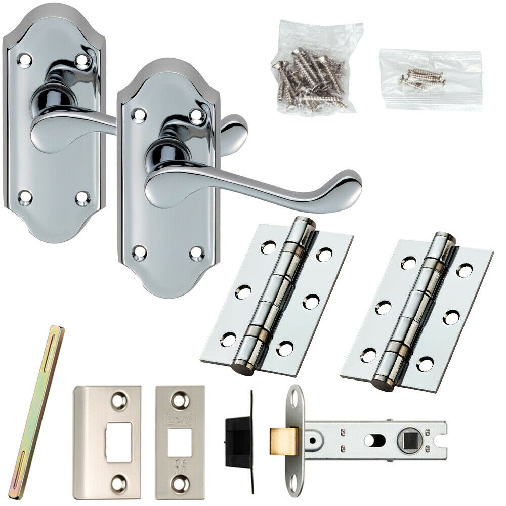 Loops Door Handle & Latch Pack Chrome Victorian Scroll Lever Small Plate 112 x 48mm