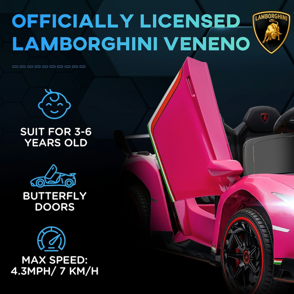 image 1 of HOMCOM Lamborghini Veneno Licensed Electric Ride-on Car w/ Remote- Pink