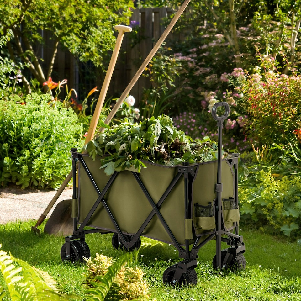 image 1 of Outsunny Folding Wagon Garten Cart Collapsible Camping Trolley on Wheels, Grey