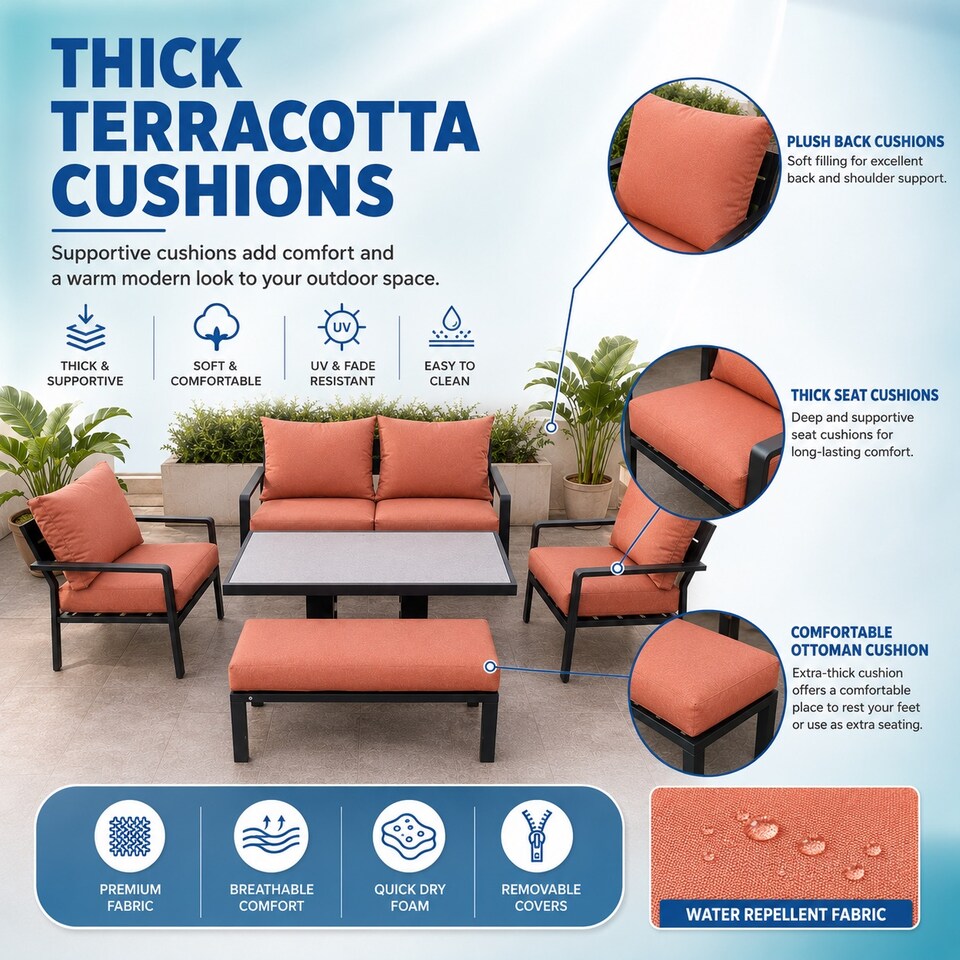 image 1 of 4 Seater 5 Piece Aluminium Garden Sofa Dining Set with Gas Lift Table, Ottoman Bench & Terracotta Cushions