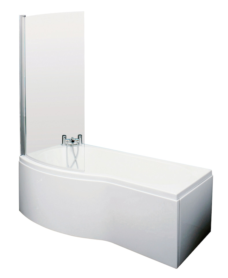 image 1 of 1500 mm Left Hand B Shape Shower Bath with Screen & Front Panel White | White | White | 1495 x 900 x 415mm
