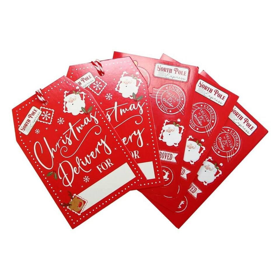 image 1 of Pack of 10 Santa Claus Christmas Red Gift Tags & Sticker Sheets