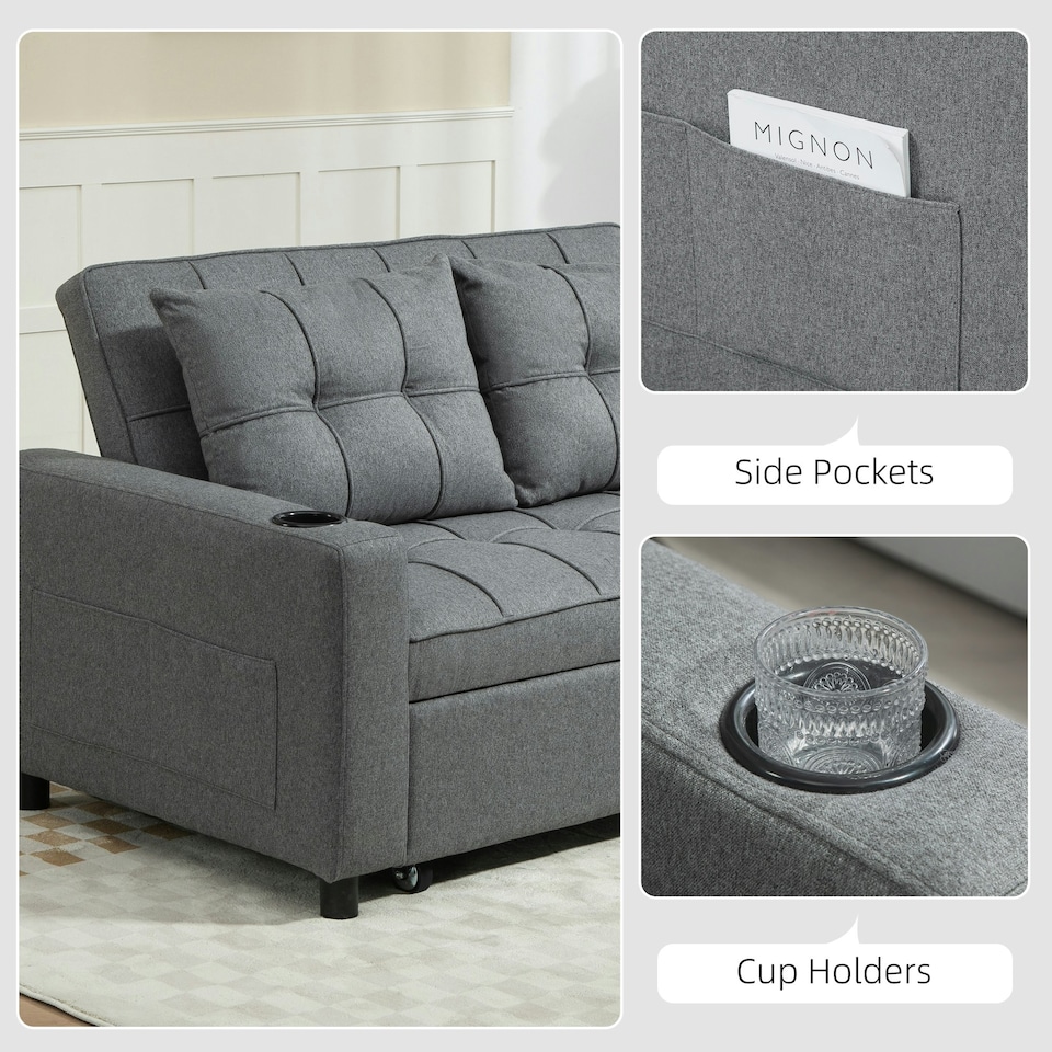 image 1 of HOMCOM 2 Seater Pull Out Sofa Bed with Pockets for Living Room Charcoal Grey 