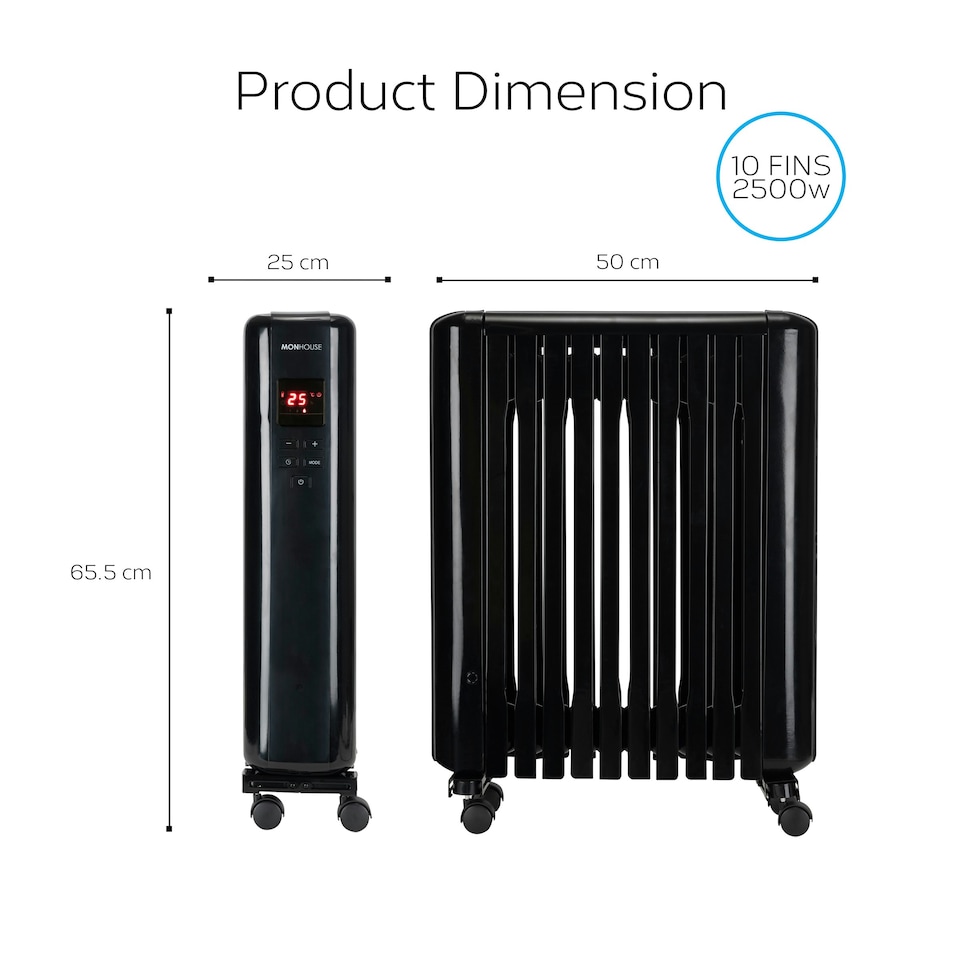image 1 of MONHOUSE 2500W Digital Oil Filled Radiator - Portable Electric Heater with LED Display & Adjustable Thermostat, Remote Control, Overheat Safety Cut Off - Black