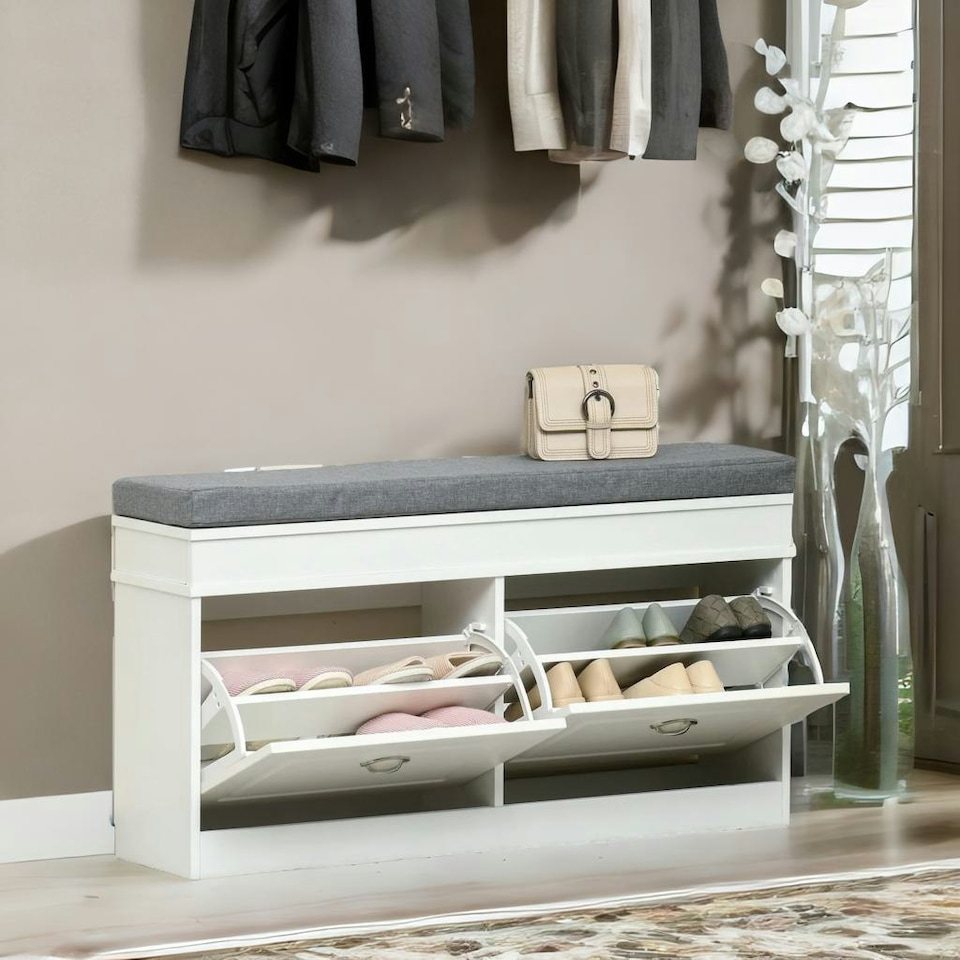 image 1 of Shoe Storage Bench With Cushioned Seat White White