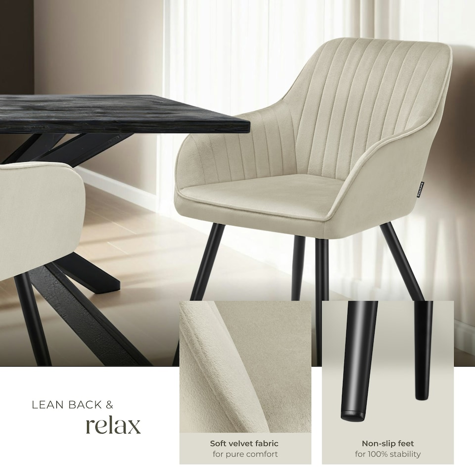 image 1 of Chair Marilyn - velvet look, quilted, continuous backrest, slim steel legs - per piece Cream | Cream/Black