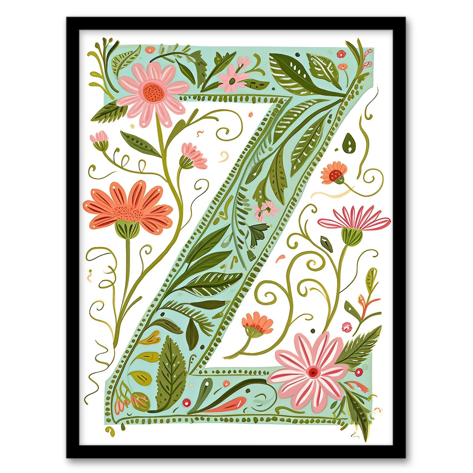 image 1 of Letter Z Wildflowers Floral Birthday Gift Mum Black Framed Wall Art Print A4
