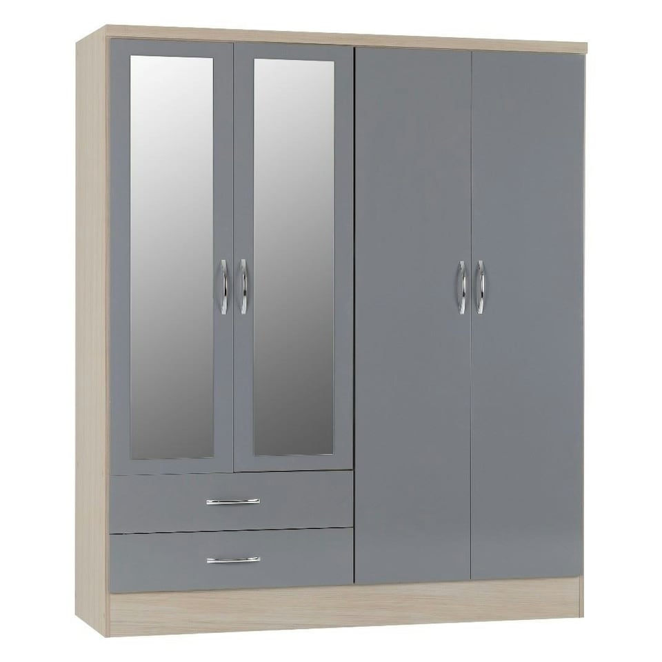 image 1 of Nevada 4 Door 2 Drawer Mirrored Wardrobe Grey | 3D Effect Grey