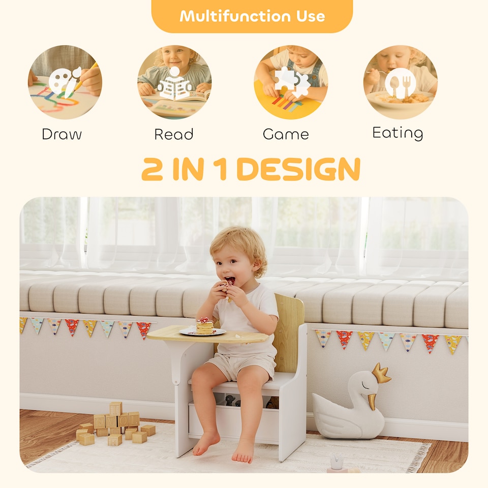 image 1 of AIYAPLAY Kids Table and Chair Set, Toddler Desk Chair with Storage Bins | White