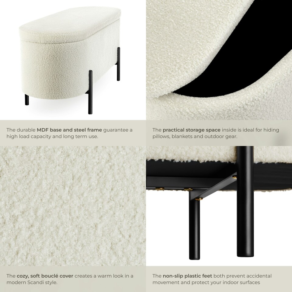 image 1 of Hallway Bench Lanja - upholstered, cushioned, built-in-storage, 97 x 36 x 42 cm Cream | Boucle Cream-White