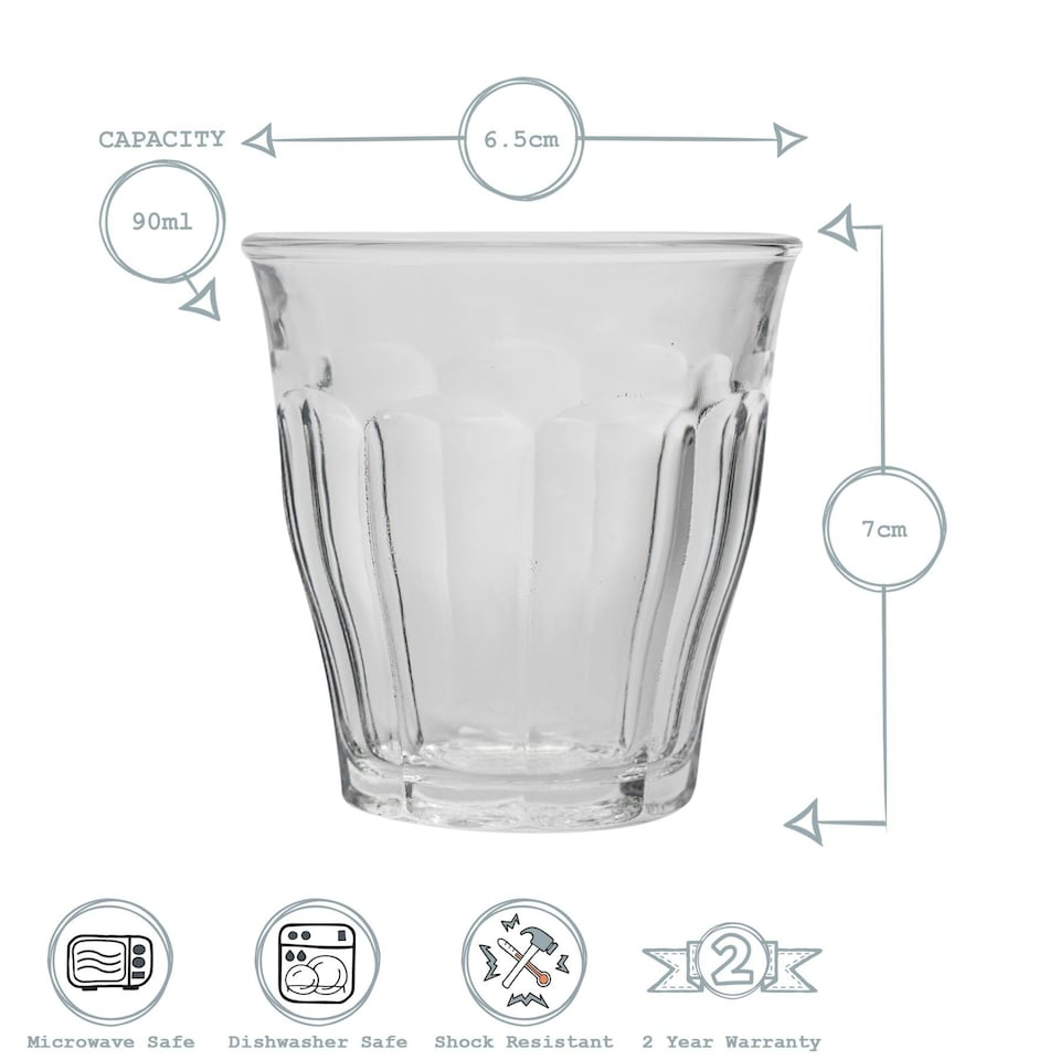 image 1 of Duralex Picardie Shot Glass Espresso Cups - 90ml Drinking Glasses - Clear - Pack of 6 Clear
