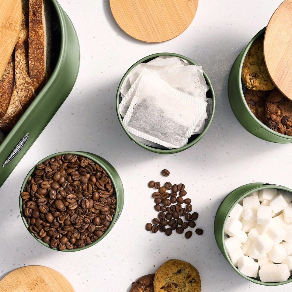 image 1 of Cooks Professional 5 Piece Ribbed Tea Coffee Sugar Bread & Biscuit Cannisters with Labels | Green | Green & Silver