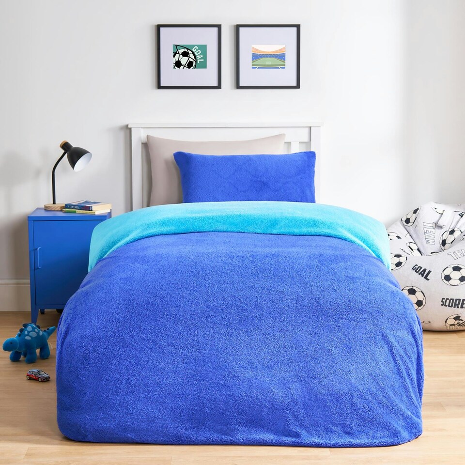 image 1 of OHS Luxury Teddy Fleece Reversible Duvet Cover and Pillowcase Bedding Set Multi | Blue/Sea Blue | Double