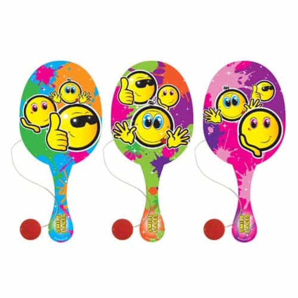 Assorted Emoji Wooden Paddle Bat With Ball 22cm