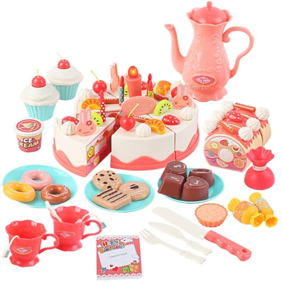 image 1 of Pretend Cutting & Decorating Birthday Cake Tea Party Play Set – 83-Piece Dessert & Afternoon Tea Role Play Set with Light-Up Candle