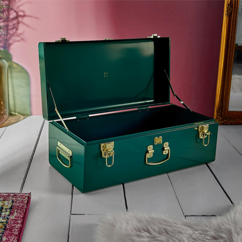image 1 of BTFY Teal Stainless Steel Storage Trunk with Gold Hardware