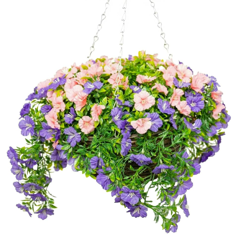 image 1 of Primrose Artificial Petunia Flowers Rattan Hanging Basket Purple Pink 30cm