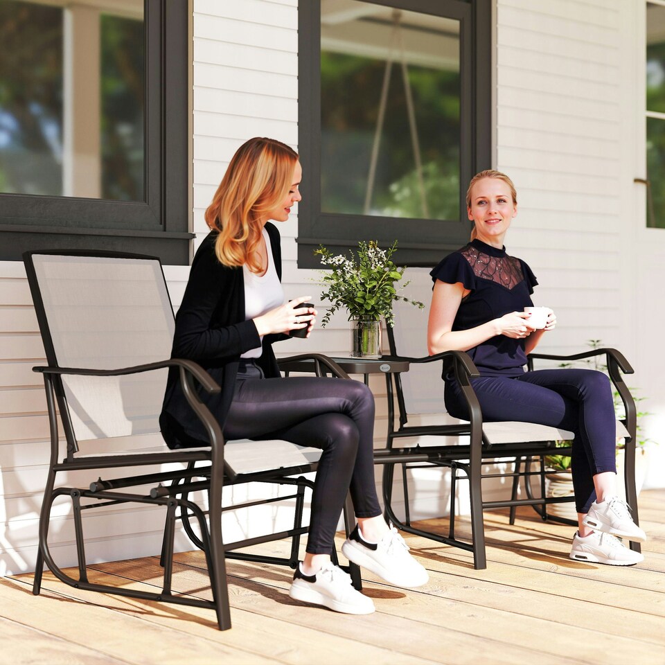 image 1 of Outsunny Double Glider Companion Rocking Chairs Loveseat Garden Table Beige