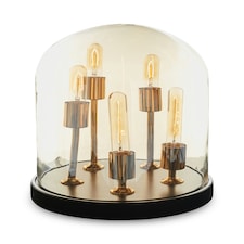 Interiors by Premier Amber Glass Dome Table Lamp, Antique Wood Base With Brass Holders, Elegant Cylindrical Bulb Design Gold