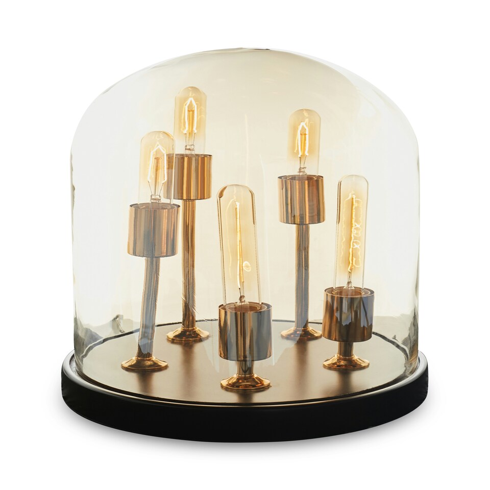 image 1 of Interiors by Premier Amber Glass Dome Table Lamp, Antique Wood Base With Brass Holders, Elegant Cylindrical Bulb Design Gold
