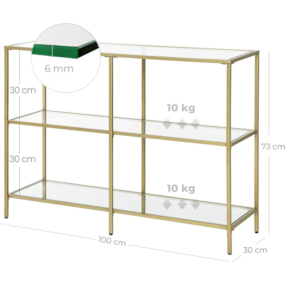 image 1 of 3-Tier Glass Sofa Console Table with Storage Shelves, Easy Assembly, Gold