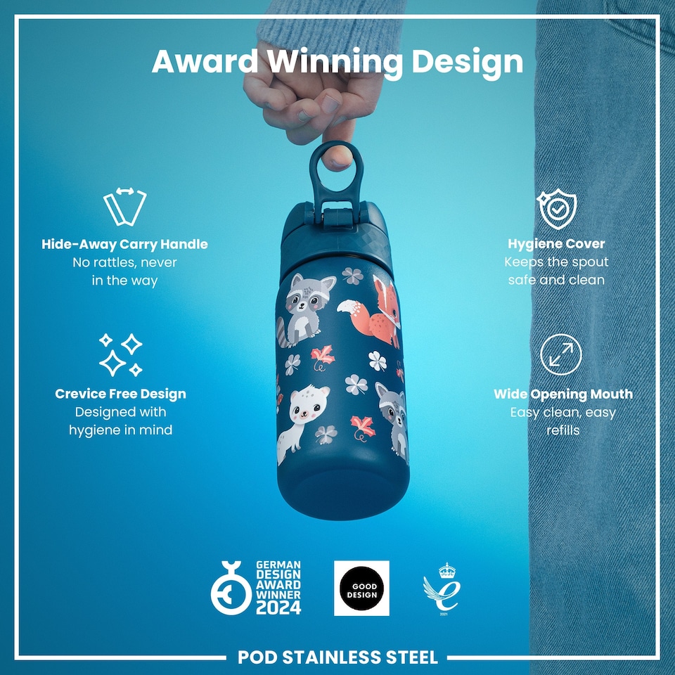 image 1 of Leak Proof Kids Water Bottle, Stainless Steel, 400ml (13oz) | Blue | Forest Animals | One Size