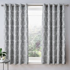 Catherine Lansfield Damask Jacquard Lined Eyelet Curtains | Silver | Silver Grey