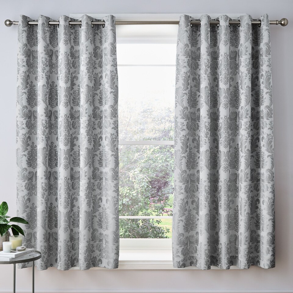 image 1 of Catherine Lansfield Damask Jacquard Lined Eyelet Curtains | Silver | Silver Grey