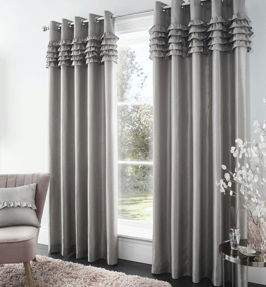 image 1 of Catherine Lansfield Flamenco Fully Lined Eyelet Curtains Silver | Silver | 90x90"