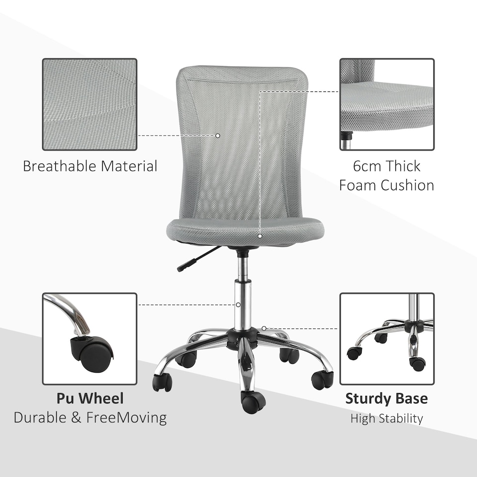 image 1 of Vinsetto Mesh Back Armless Office Chair with Adjustable Height, Wheels Grey