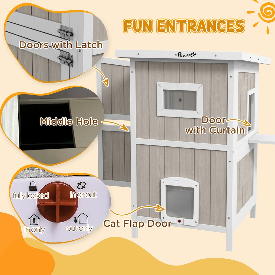 image 1 of PawHut Outdoor Wooden Cat House w/ Removable Bottom, Escape Doors, for 1-2 Cats