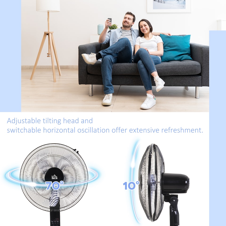 image 1 of HOMCOM 18 Pedestal Fan with Sleep Mode, Oscillating Standing Fan with 3 Modes, Remote Control, Floor Fan with Adjustable Height, 3 Speed, 7.5-Hour Timer, Black