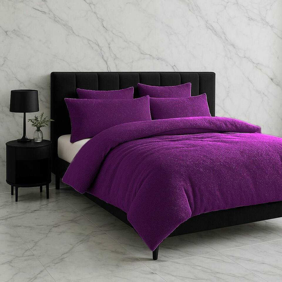 image 1 of Teddy Bear Fleece Soft Cosy Duvet Cover + Pillow Case Set Purple | Super King