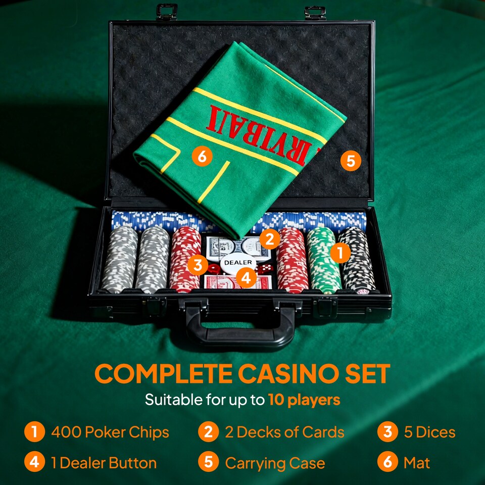 image 1 of SPORTNOW 400-Piece Poker Chips Set with Lightweight ABS Case, Casino Texas Holdem Poker Set with Mat, 11.5g Numbered Poker Chips, Two Decks of Cards, Dealer, Five Dices, Grey