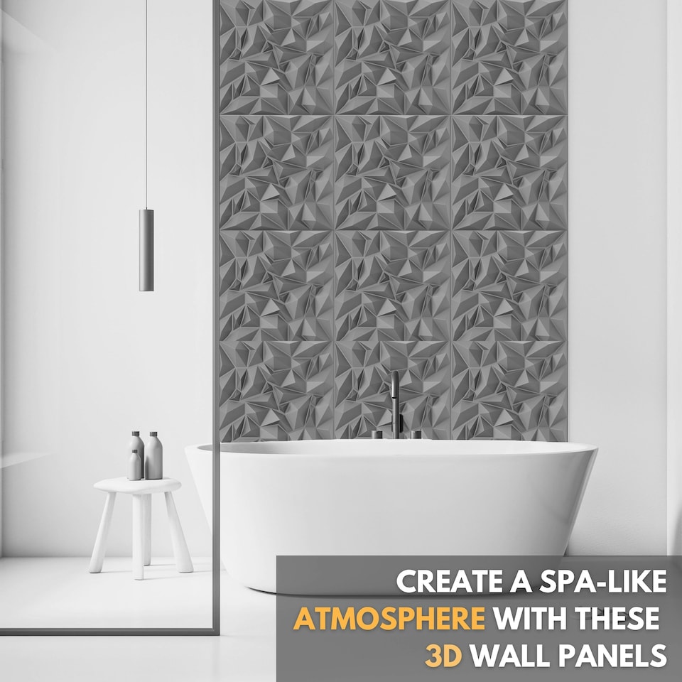 image 1 of NOVECRAFTO Diamond Effect 3D Wall Panels – 6 Sheets Covering 1.5 sqm (16.15 sqft) – Matte Interior PVC Cladding Tiles – 19.6"x19.6" Diamond Design Silver Grey